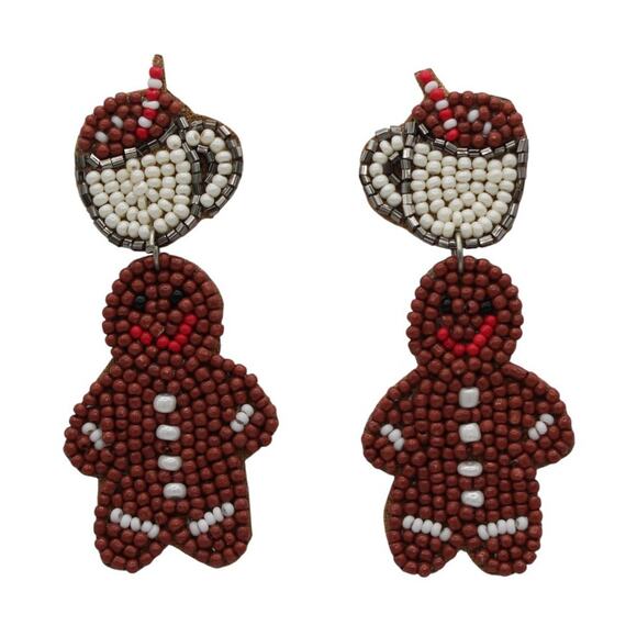 Kay Lee Christmas Ginger Bread Man Hot Cocoa Seed Bead Earrings - Picture 2 of 2